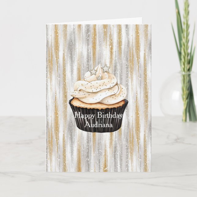Glitzy Gold Silver Stars Cupcake Birthday Card (Front)