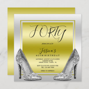 Glitzy Gold & Silver Stilettos 40th Birthday Invitation
