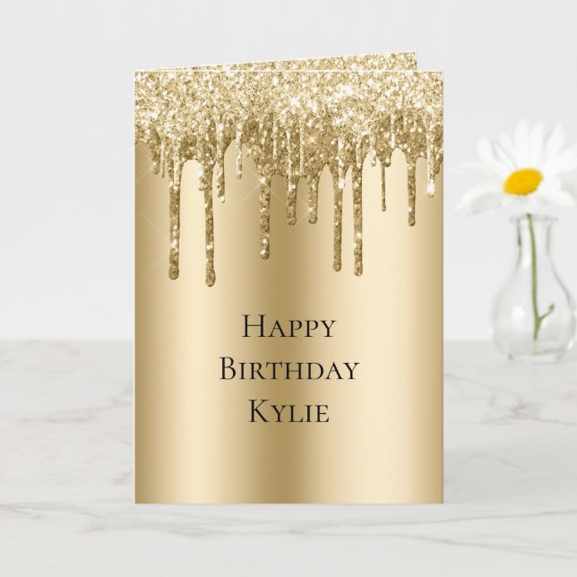 Glitzy Gold Sparkle Glitter Drips Birthday Card (Small Plant)