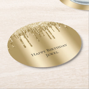Glitzy Gold Sparkle Glitter Drips Birthday Round Paper Coaster