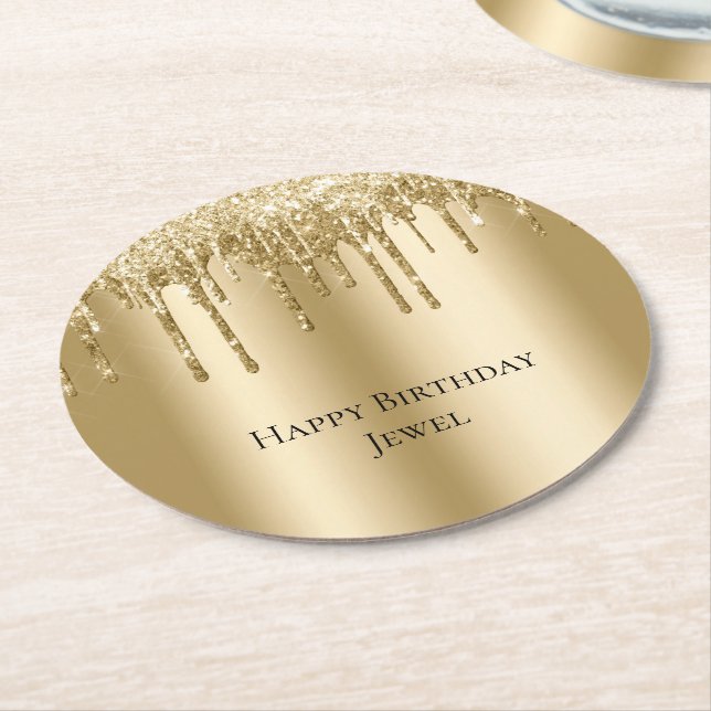 Glitzy Gold Sparkle Glitter Drips Birthday Round Paper Coaster (Angled)