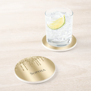 Glitzy Gold Sparkle Glitter Drips Coaster