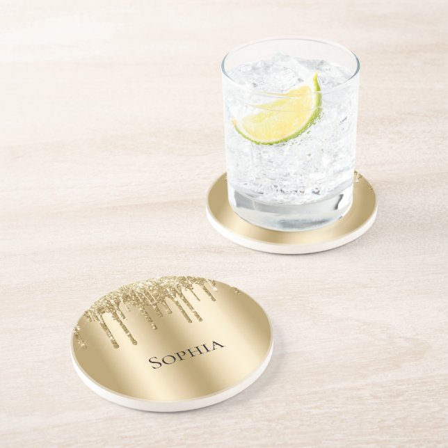 Glitzy Gold Sparkle Glitter Drips  Coaster (Side)
