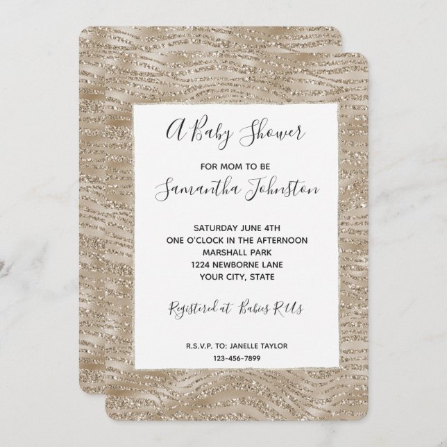 Glitzy Gold Wavy Stripes Baby Shower Invitation (Front/Back)