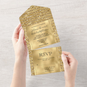 Glitzy Gold White Glam Glitter Sparkle Stripes All In One Invitation
