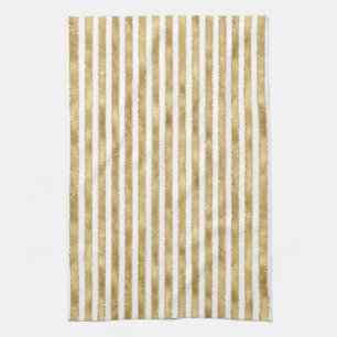Glitzy Gold White Glam Glitter Sparkle Stripes     Tea Towel