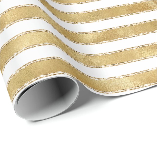 Glitzy Gold White Glam Glitter Sparkle Stripes    Wrapping Paper (Roll Corner)