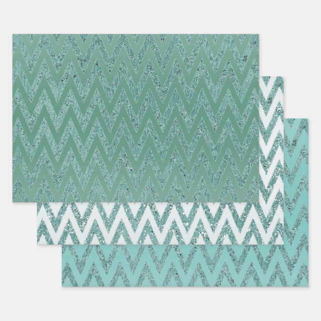Glitzy Green Chevron Stripes Christmas Wrapping Paper Sheet (Set)