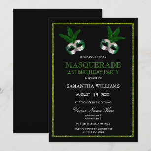Glitzy Green Glitters Masquerade 21st Birthday Invitation