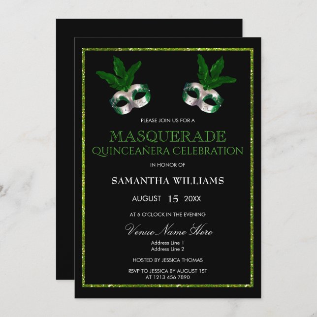 Glitzy Green Glitters Masquerade Quinceañera Invitation (Front/Back)