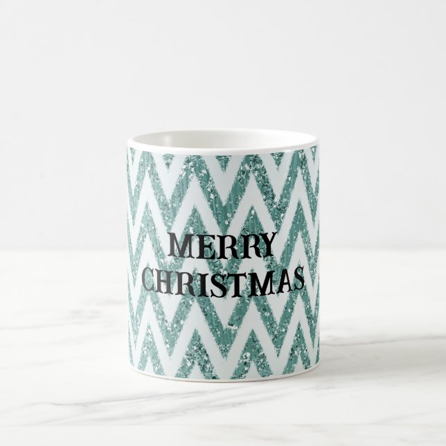 Glitzy Green White Chevron Stripes Christmas Coffee Mug (Center)