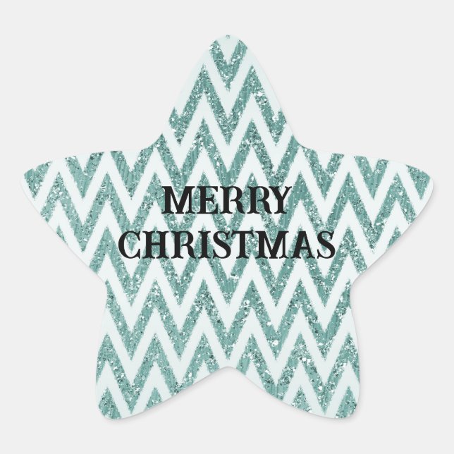 Glitzy Green White Chevron Stripes Christmas Star Sticker (Front)