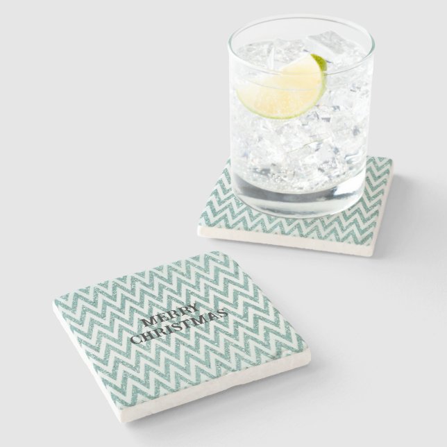 Glitzy Green White Chevron Stripes Christmas Stone Coaster (Side)