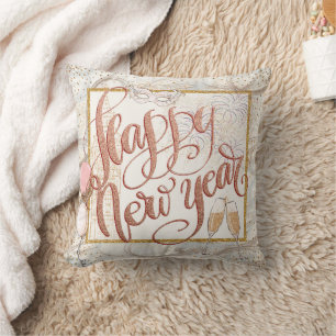 Glitzy Happy New Year Script Rose Gold Ivory Cushion