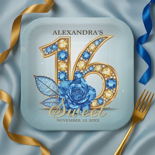 Glitzy Luxury Blue Rose Gold Gemstone Sweet 16 Paper Plate (Creator Uploaded)