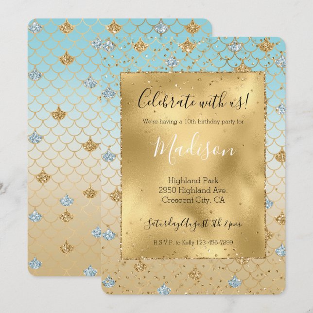 Glitzy Mermaid Blue Gold Sparkle Glitter Ombre   Invitation (Front/Back)