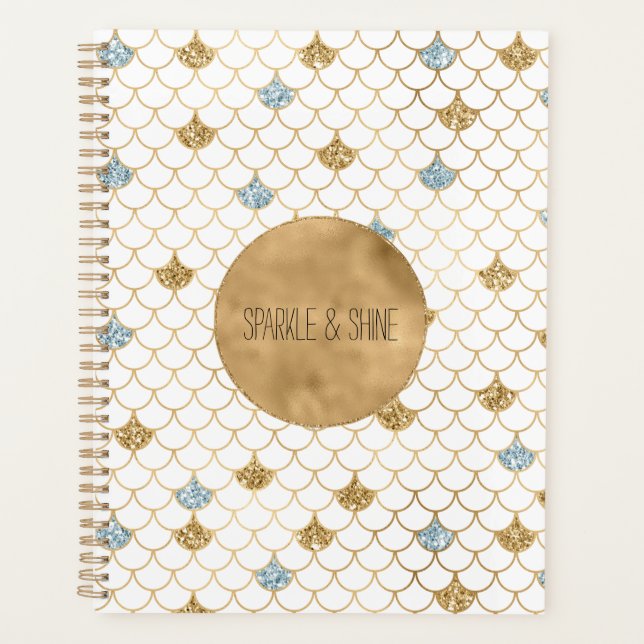 Glitzy Mermaid Blue Gold Sparkle Glitter Planner (Front)