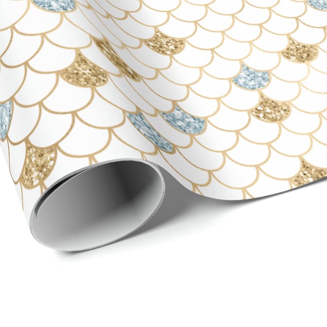 Glitzy Mermaid Blue Gold Sparkle Glitter Wrapping Paper (Roll Corner)
