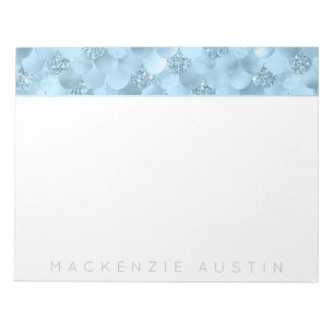 Glitzy Mermaid Scales Ice Blue Sparkle Monogram Notepad