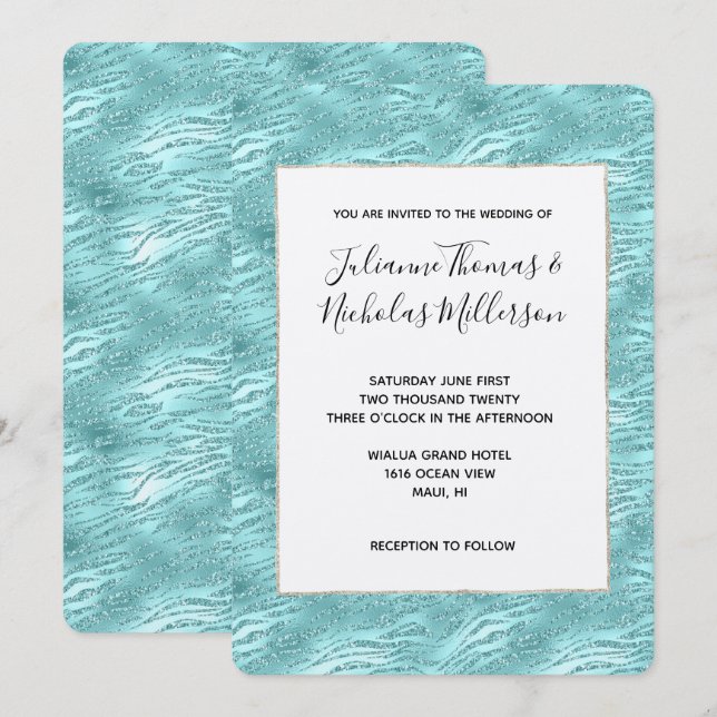 Glitzy Mint Zebra Print Wedding Invitation (Front/Back)
