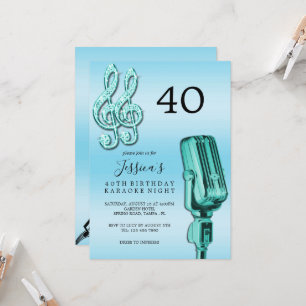 Glitzy Music Note & Microphone Karaoke Birthday In Invitation
