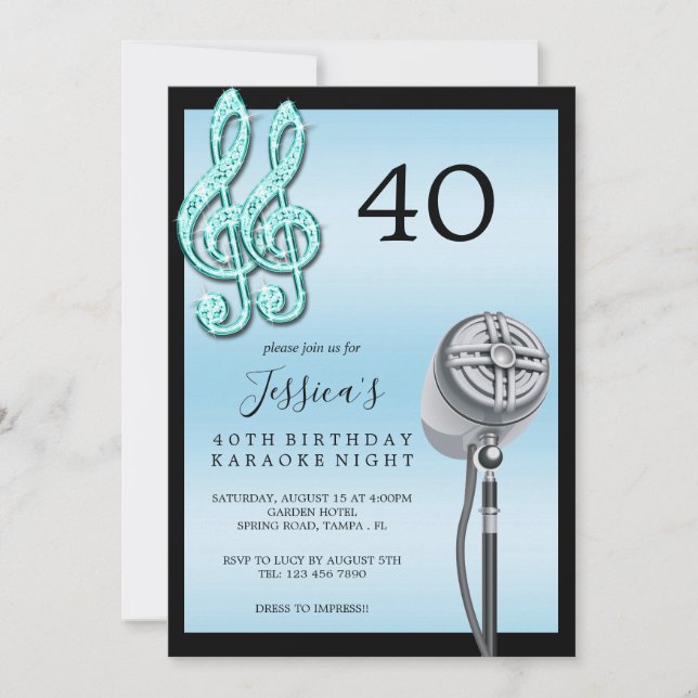 Glitzy Music Note & Microphone Karaoke Birthday In Invitation (Front)