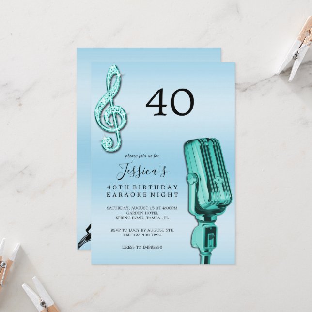 Glitzy Music Note & Microphone Karaoke Birthday In Invitation (Front/Back In Situ)