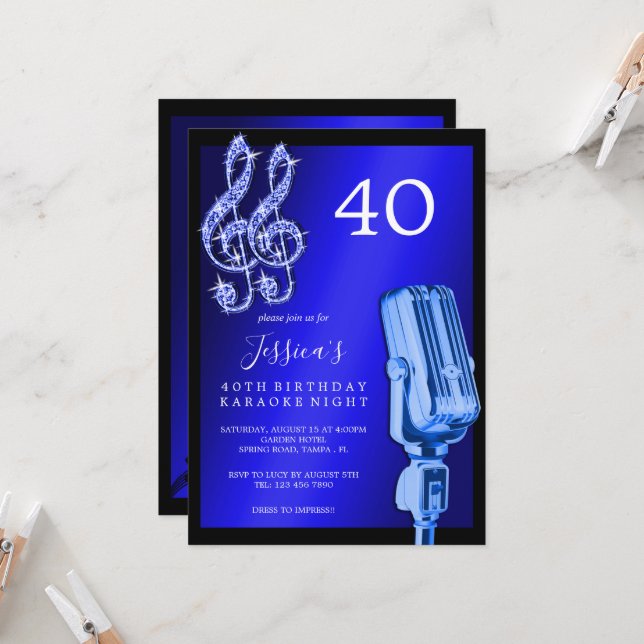 Glitzy Music Note & Microphone Karaoke Birthday Invitation (Front/Back In Situ)