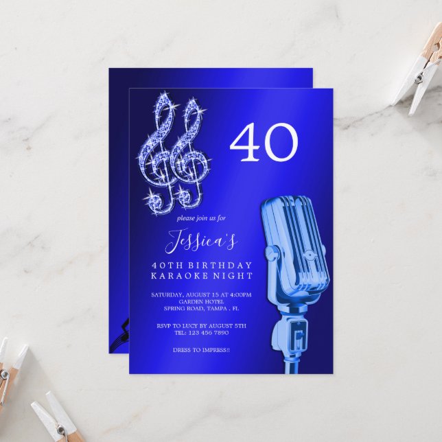 Glitzy Music Note & Microphone Karaoke Birthday Invitation (Front/Back In Situ)