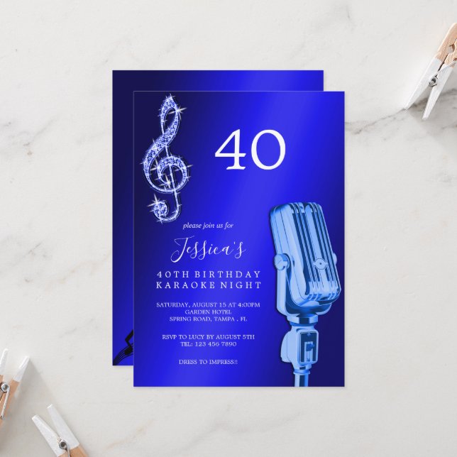 Glitzy Music Note & Microphone Karaoke Birthday Invitation (Front/Back In Situ)