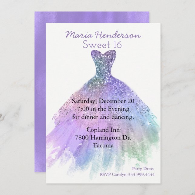 Glitzy Party Dress Sweet 16 Birthday Invitation (Front/Back)