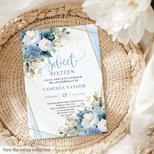 Glitzy Pastel Blue White Gold Flowers Sweet 16  Invitation
