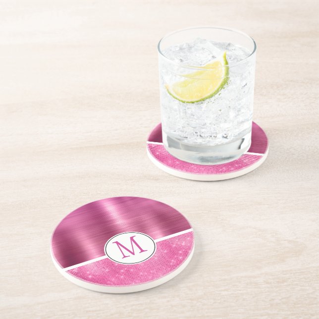 Glitzy Pink Glam Sparkle Monogram Coaster (Side)