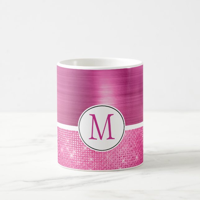 Glitzy Pink Glam Sparkle Monogram Coffee Mug (Center)