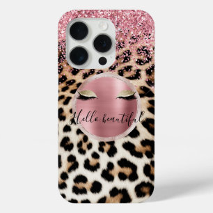 Glitzy Pink Glitter Gold Eyelashes Leopard     iPhone 15 Pro Case