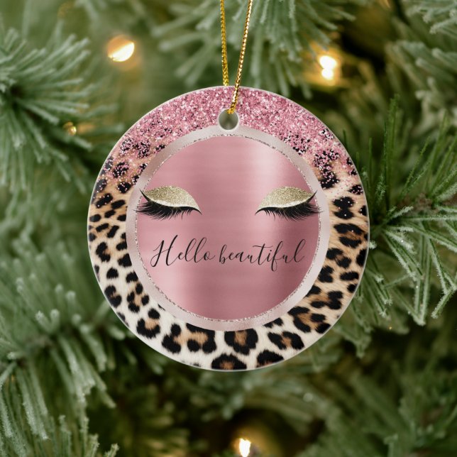 Glitzy Pink Glitter Gold Eyelashes Leopard     Ceramic Ornament (Tree)