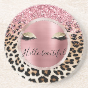 Glitzy Pink Glitter Gold Eyelashes Leopard     Coaster