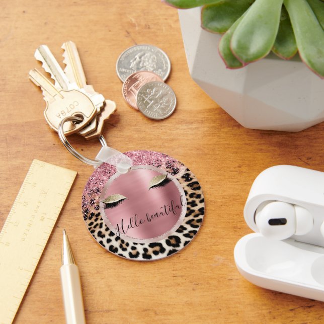 Glitzy Pink Glitter Gold Eyelashes Leopard     Key Ring (Desk)