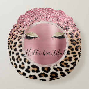Glitzy Pink Glitter Gold Eyelashes Leopard     Round Cushion
