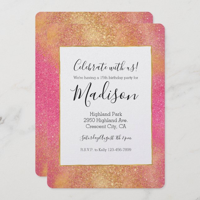 Glitzy Pink Gold Sparkle and Shine Birthday Invitation (Front/Back)