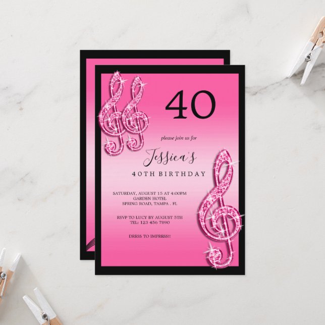 Glitzy Pink Music Notes Birthday Invitation (Front/Back In Situ)