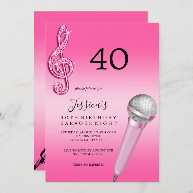 Glitzy Pink Music Notes & Micro Karaoke Birthday Invitation (Front/Back)
