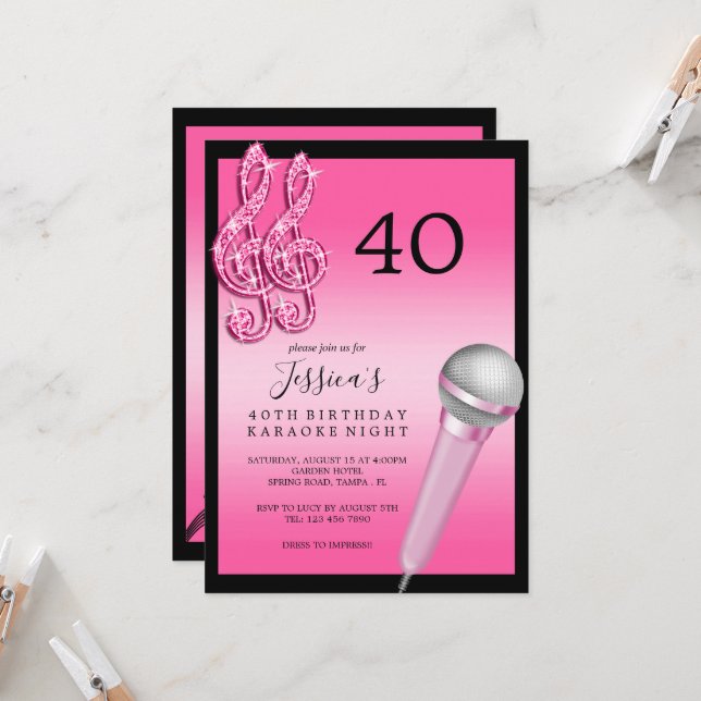 Glitzy Pink Music Notes & Micro Karaoke Birthday Invitation (Front/Back In Situ)