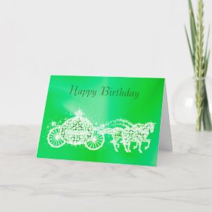 Glitzy Princess Green Coach & Horses Birthday Card