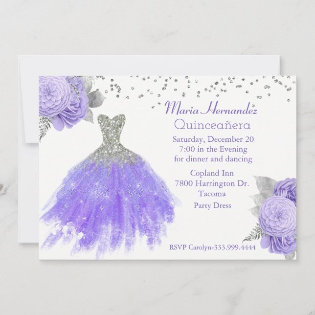 Glitzy Purple and Silver Gown Quinceañera  Invitation (Front)