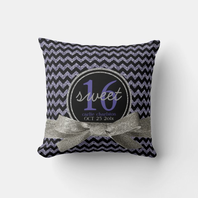 Glitzy Purple Chevron Personalised Sweet 16 Cushion (Front)
