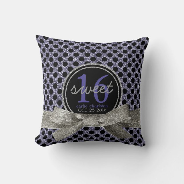 Glitzy Purple Polkadots Personalised Sweet 16 Cushion (Front)