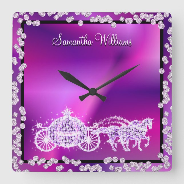 Glitzy Purple Princess Coach & Horses Square Wall Clock (Front)