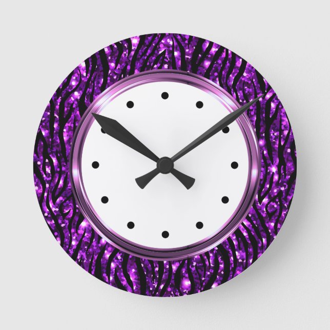 Glitzy Purple Zebra Animal Pattern Round Clock (Front)