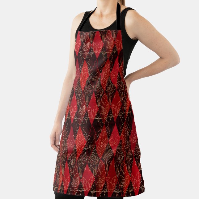 Glitzy Queen of Hearts Harlequin Red Black White Apron (Insitu)